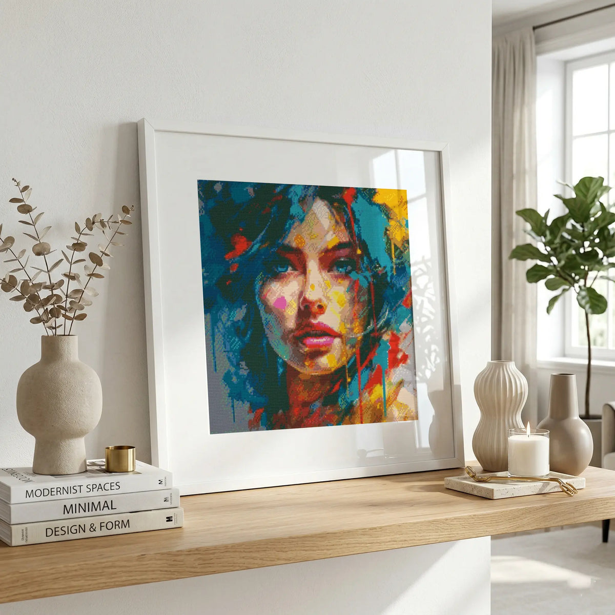 Framed colorful art print of a woman's face on a wooden shelf with decor items. Electric Portrait | Diamond Painting Kit