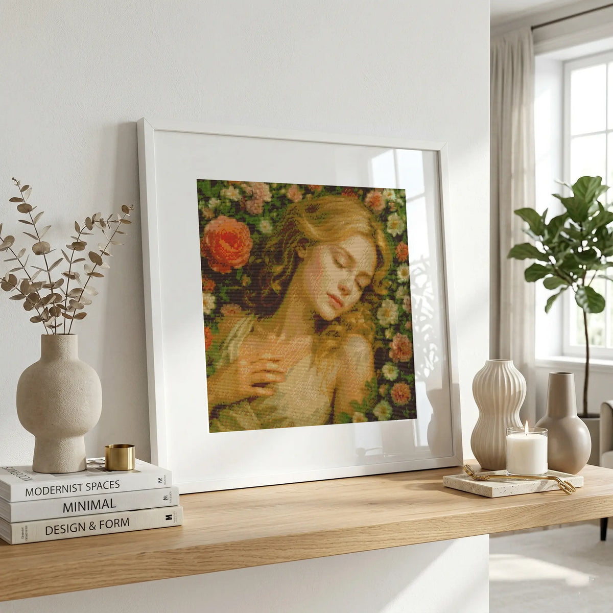 Framed artwork of a woman with flowers on a wooden shelf in a bright room. Sleeping Beauty in Rose Garden | Diamond Painting Kit