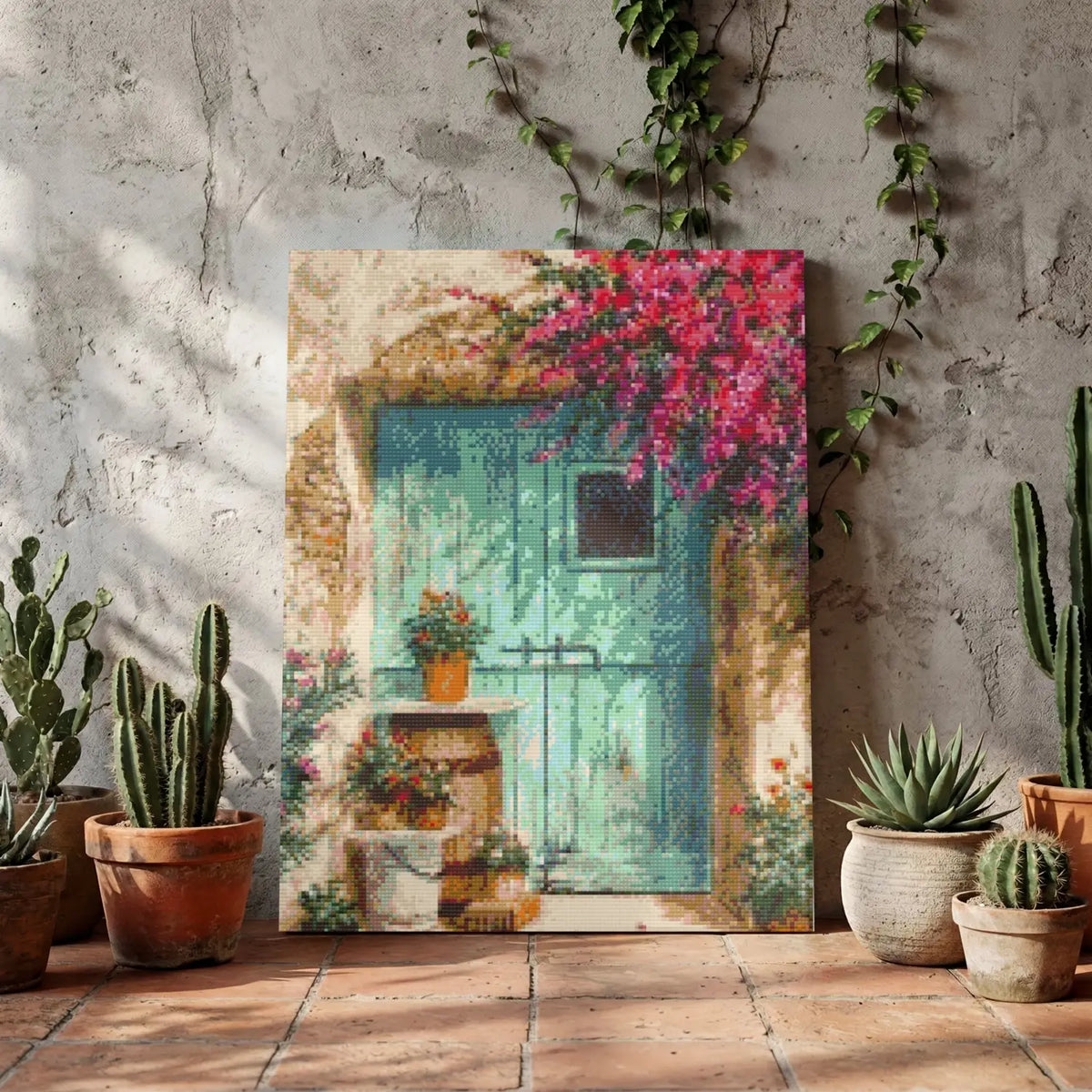 Mediterranean door diamond painting leaning on a terracotta tiled floor among potted cacti and trailing ivy