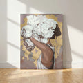 Veiled in White Peonies diamond painting kit, woman with white peonies on mauve and gold, canvas leaning on a white wall